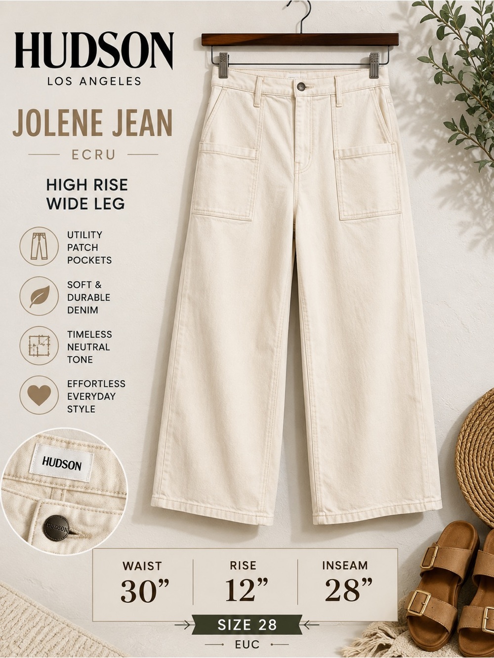 Hudson Jolene Ecru Wide Leg Utility Jeans Size 28 High Rise Cream